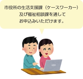 市役所の社会福祉課(ケースワーカー)及び自立支援課を通してお申込みいただけます。